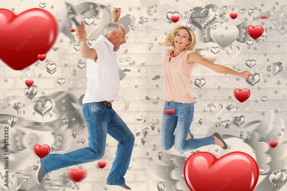 Poster composite image of excited couple cheering and jumping