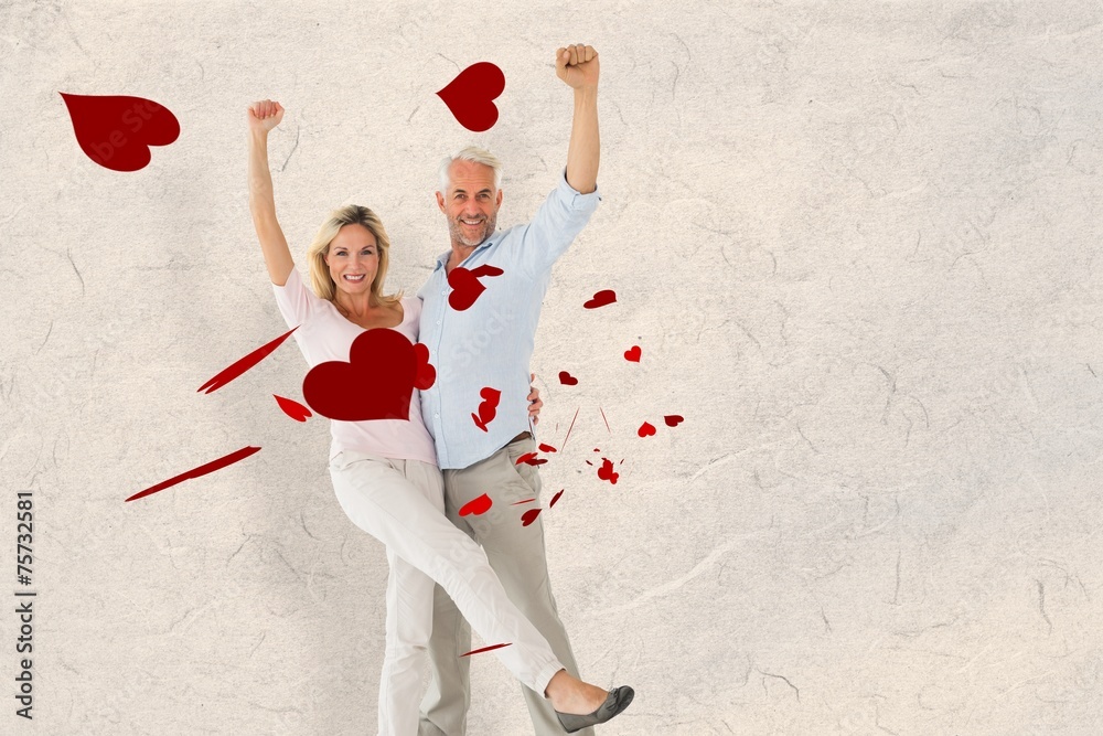 Poster composite image of smiling couple cheering at the camera