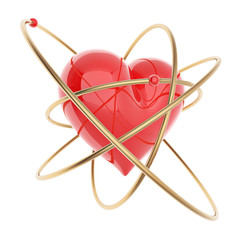 red heart in form of the atom with revolving around electrons