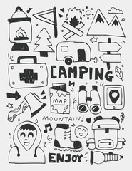Camping elements doodles hand drawn line icon, eps10
