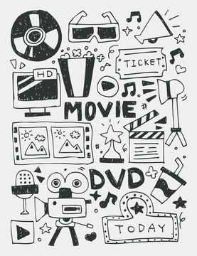Movie elements doodles hand drawn line icon, eps10