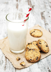 Chocolate chip cookie and glass of milk