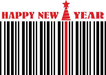 barcode with fir icon and happy new year text