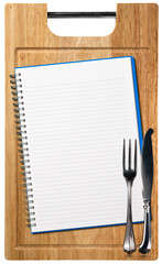 Empty Notebook on Wooden Cutting Board