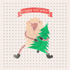 Watercolor New Year and Christmas print. Funny sheep.