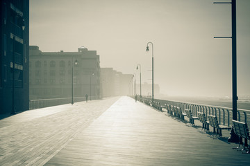 Morning fog on the ocean promenade