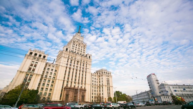 4k view of the Red Gates Administrative Building. The Seven Sisters are a group of seven skyscrapers in Moscow designed in the Stalinist style. 