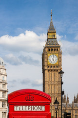 Fototapeta na wymiar Traditional Red Telephone Box and Big Ben in London, UK