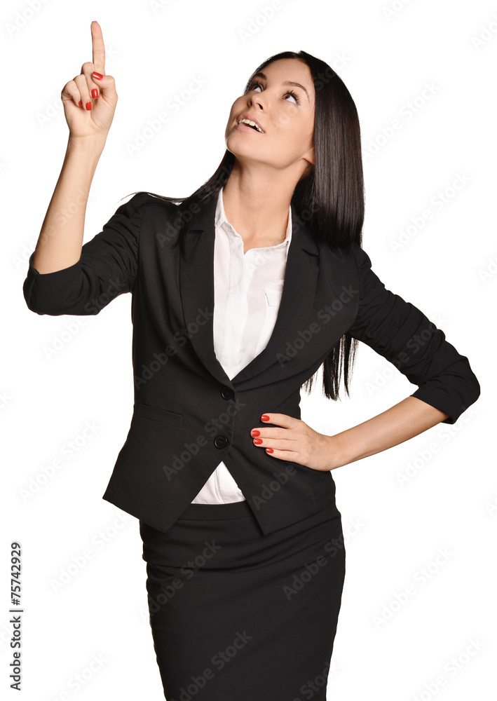 Wall mural business woman shows forefinger up. white background.