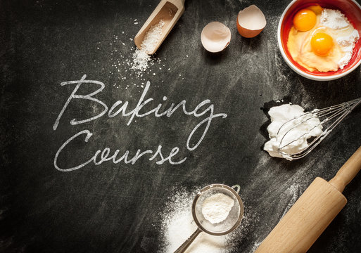 Baking course poster design with cake ingredients on black
