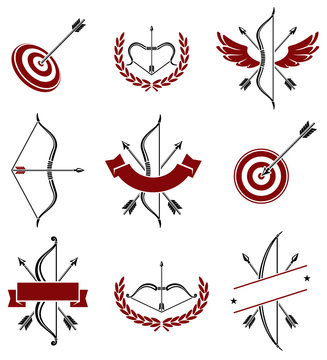 Bow arrow labels and elements set. Vector