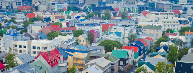 Beautiful super wide-angle aerial view of Reykjavik, Iceland wit - obrazy, fototapety, plakaty