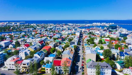 Poster Beautiful super wide-angle aerial view of Reykjavik, Iceland © tsuguliev