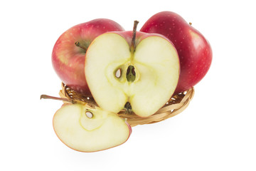 Red apples in a basket on a white background