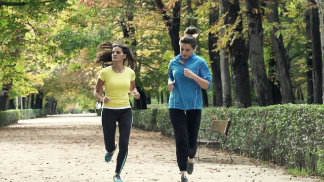 Young girlfriends jogging in park during autumn,