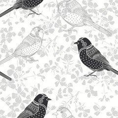 Floral seamless pattern with birds. Monochrome vector background
