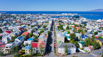 Fototapeta premium Beautiful super wide-angle aerial view of Reykjavik, Iceland