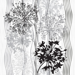 Monochrome seamless pattern of abstract flowers. Hand-drawn flor