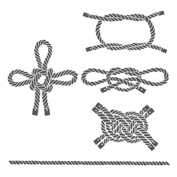 Set of marine rope, knots. Vector isolated  elements on a white