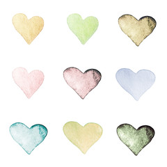 Heart Icon Illustration with Color Variations - Hand drawn aquar