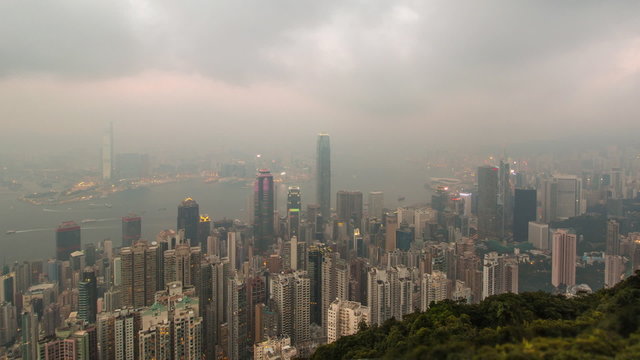 Day To Night Hong Kong City and Mist in Sky