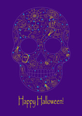 Merry Halloween skull with traditional symbols icons. Vector.
