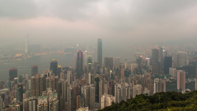 Day To Night Hong Kong City and Mist in Sky (zoom in) 