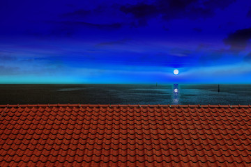 Fototapeta premium Roof of a farmhouse in the night with moon and sea