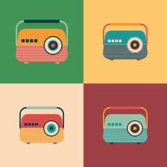 Colorful set of classic radio receivers.