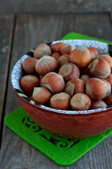 Hazelnuts in the ceramic bowl