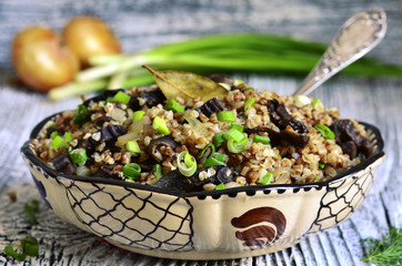 Buckwheat with dried mushrooms and fried onion.