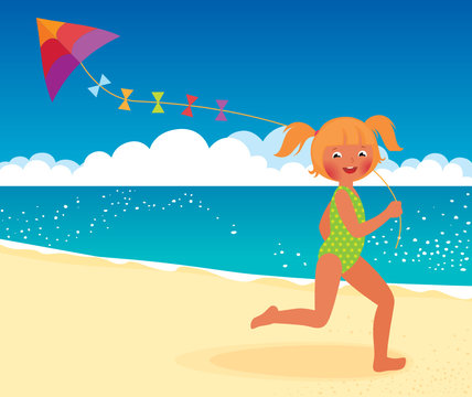 Girl with a kite on the beach running
