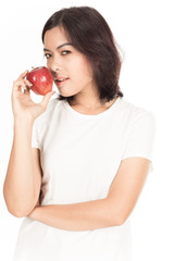 Smiling woman with apple isolated on white