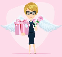 Female angel holding a bouquet of flowers and gifts with