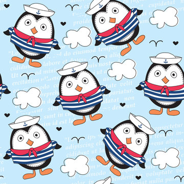 little sailor penguin pattern vector illustration