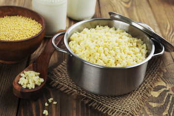 Millet porridge  in a metal pan