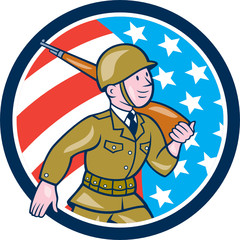 World War Two Soldier American Marching Cartoon Circle