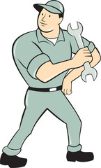 Mechanic Hold Spanner Wrench Cartoon