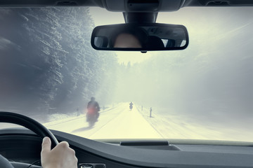 Winter Motorcycling - View from the inside of a car