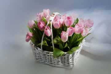 Pink tulips in the basket with wedding rings on white background