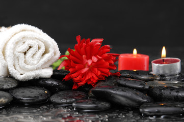 Fototapeta na wymiar Spa still life with red candle ,towel with red ranunculus