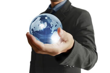 holding a glowing earth globe in his hands. Earth image provided