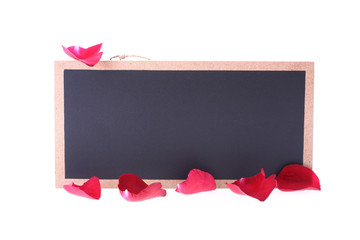 chalkboard sign blank text message with red rose flower isolated