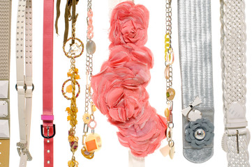 woman many belts and flower made of silk and satin dangle
