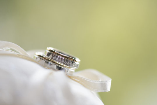 Wedding rings against light green background