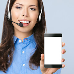 Support phone operator showing blank cellphone