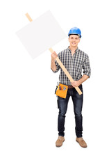 Male construction worker holding a blank sign