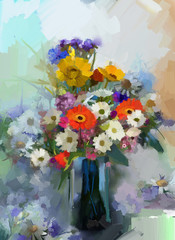 Vase with still life a bouquet of flowers. Oil painting