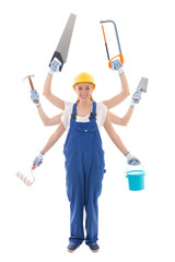 building concept - woman in builder uniform with 6 hands holding