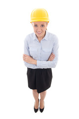 funny portrait of business woman in builder helmet isolated on w